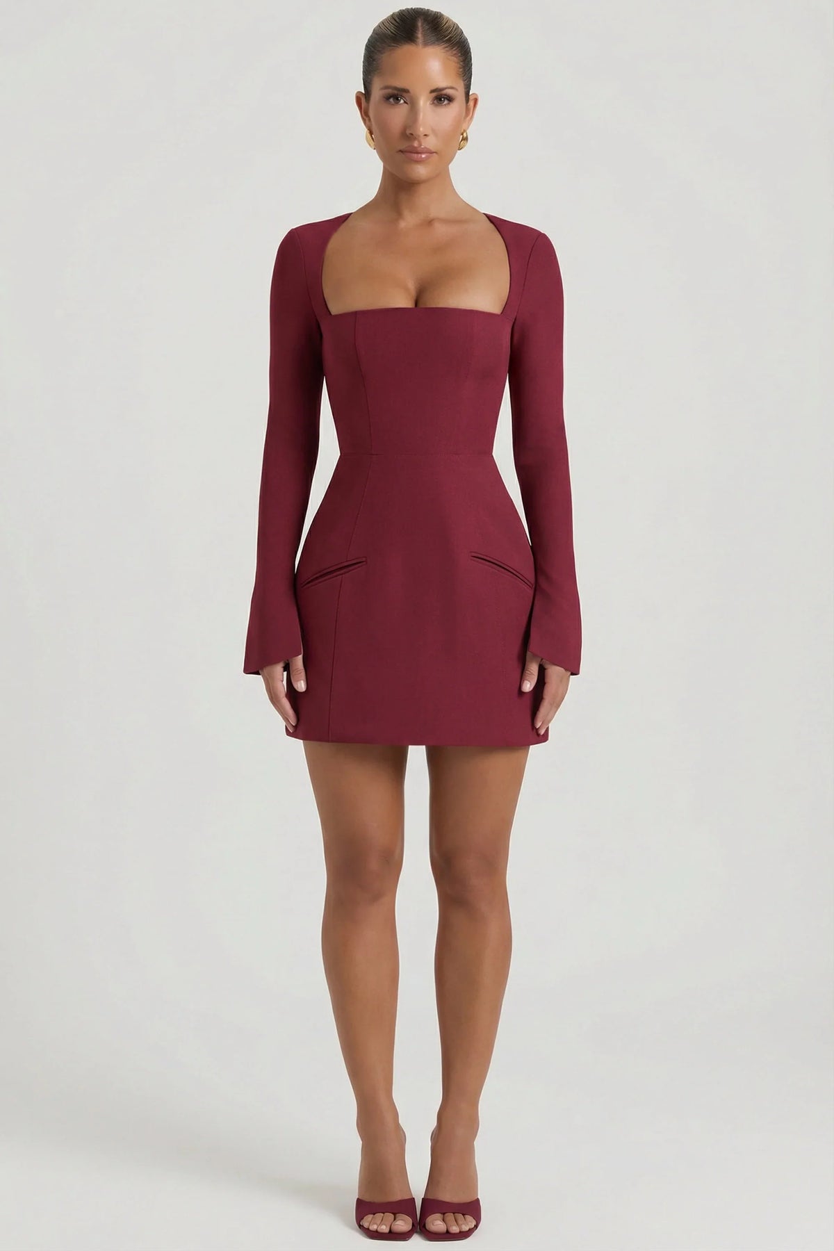 Square-Neck Structured Tulip Mini Dress in Wine Red