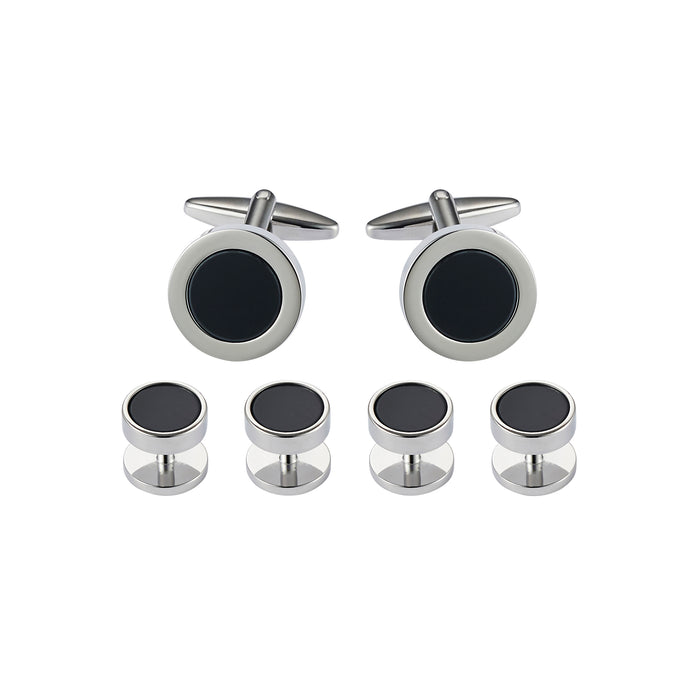 Cufflinks & Dress Studs: Round, Rhodium Plated + Black Inlay (201-21 + 405-21R, set 6)