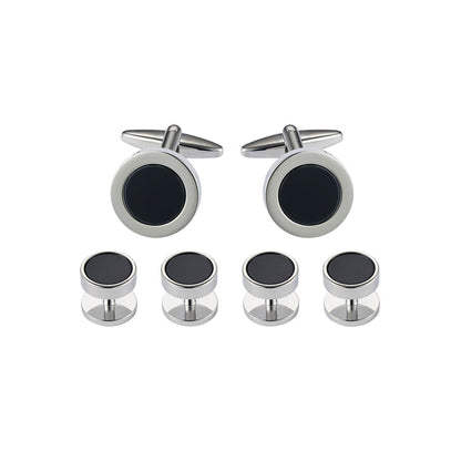 Cufflinks & Dress Studs: Round, Rhodium Plated + Black Inlay (201-21 + 405-21R, set 6)