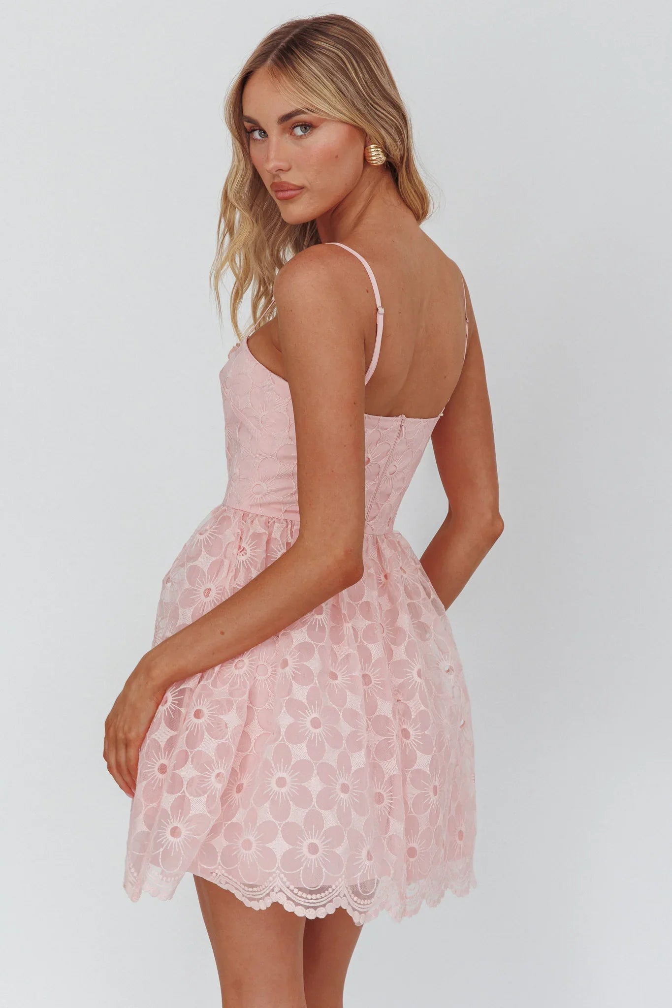 Bahia A-Line Square Neckline Mini Dress Lace Blush