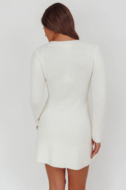 Irma Gold Button Knit Mini Dress White