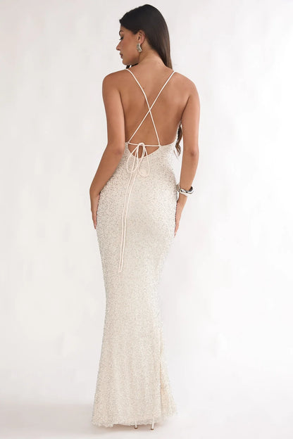 Emillia Strappy Open Back Maxi Dress Sequin Ivory