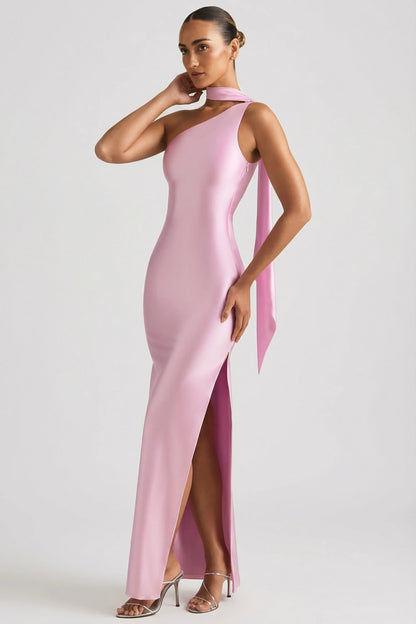 Asymmetric Scarf-Detail Maxi Dress in Soft Pink