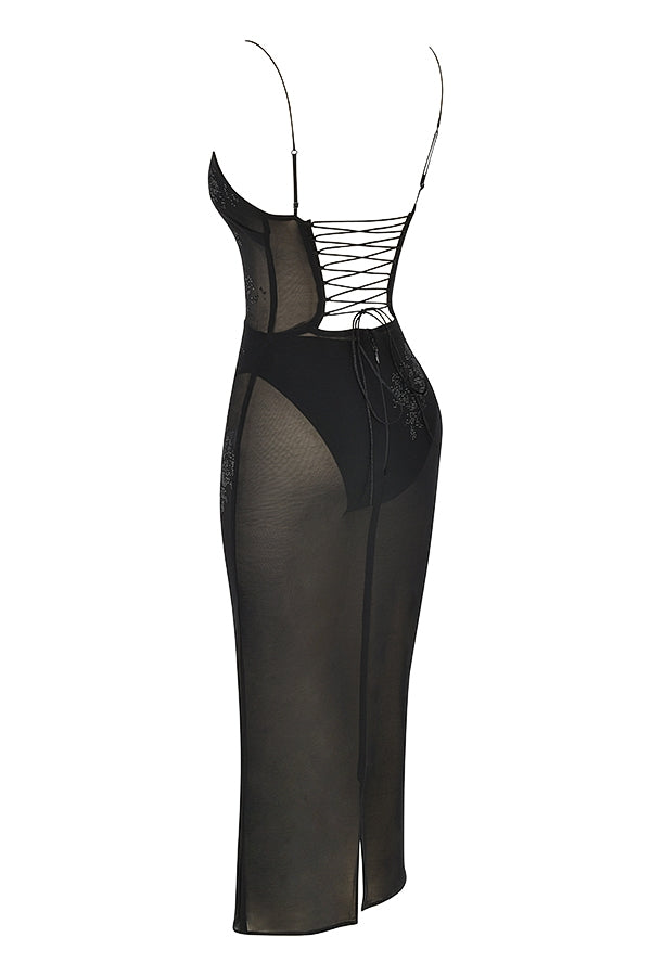 black mesh crystal embellished midi dress