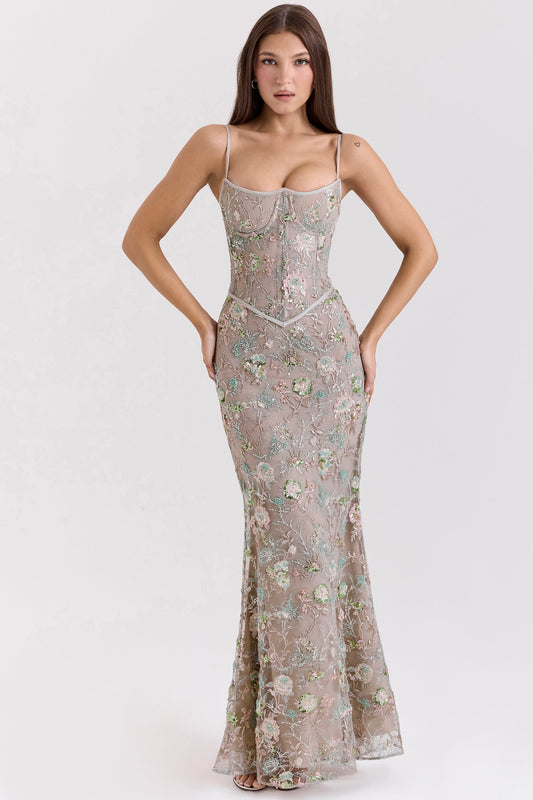 silver embellished beaded corset maxi dress