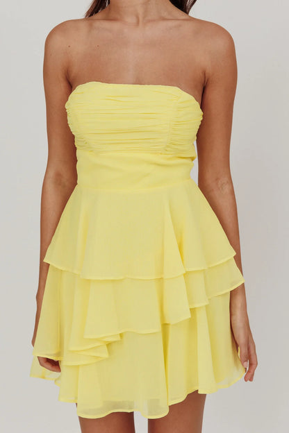 Veda Strapless Ruffle Mini Dress Lemon