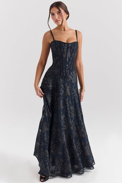 midnight blue lurex chiffon maxi dress