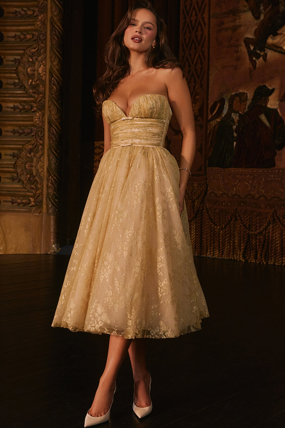 gold metallic lace tulle midi gown