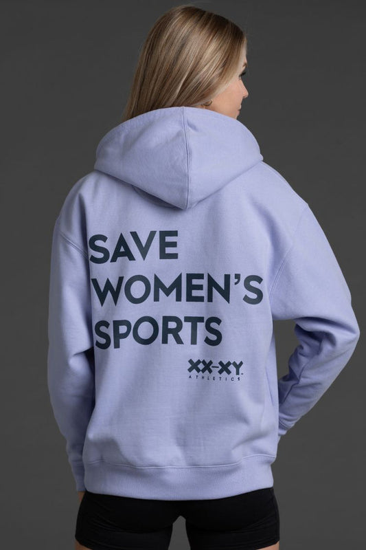 Person wearing a lavender hoodie with 'SAVE WOMEN'S SPORTS' text on the back against a gray background || Lavender Gray