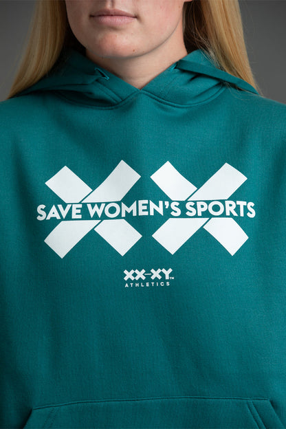 Teal hoodie with 'Save Women's Sports' text and XX-XY Athletics logo || teal