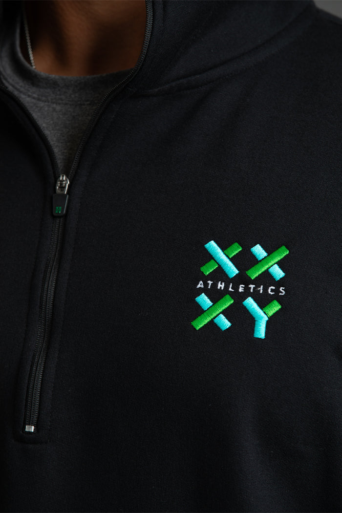 Black hoodie with green and blue logo and text on a dark background || Black