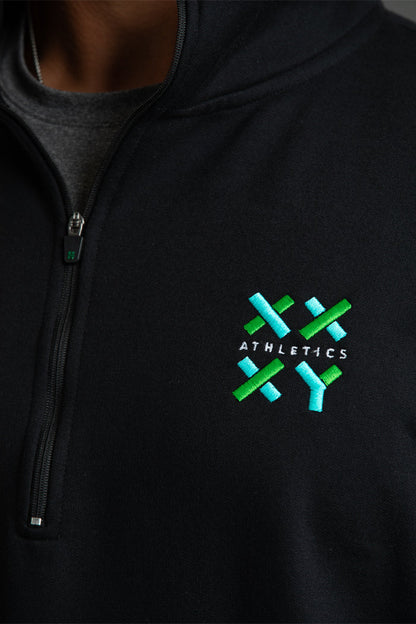 Black hoodie with green and blue logo and text on a dark background || Black