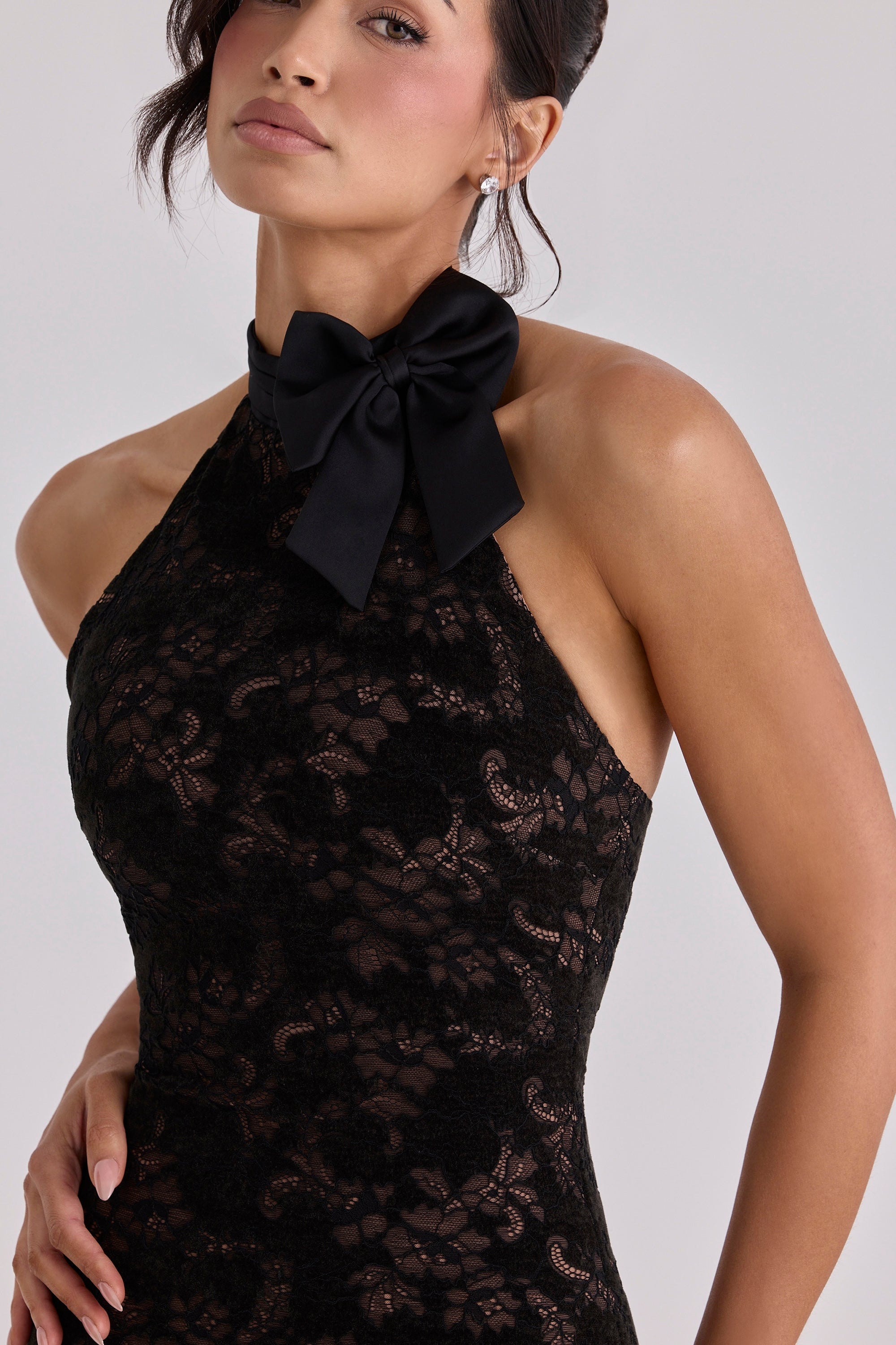 black lace high neck mini dress with detachable bow