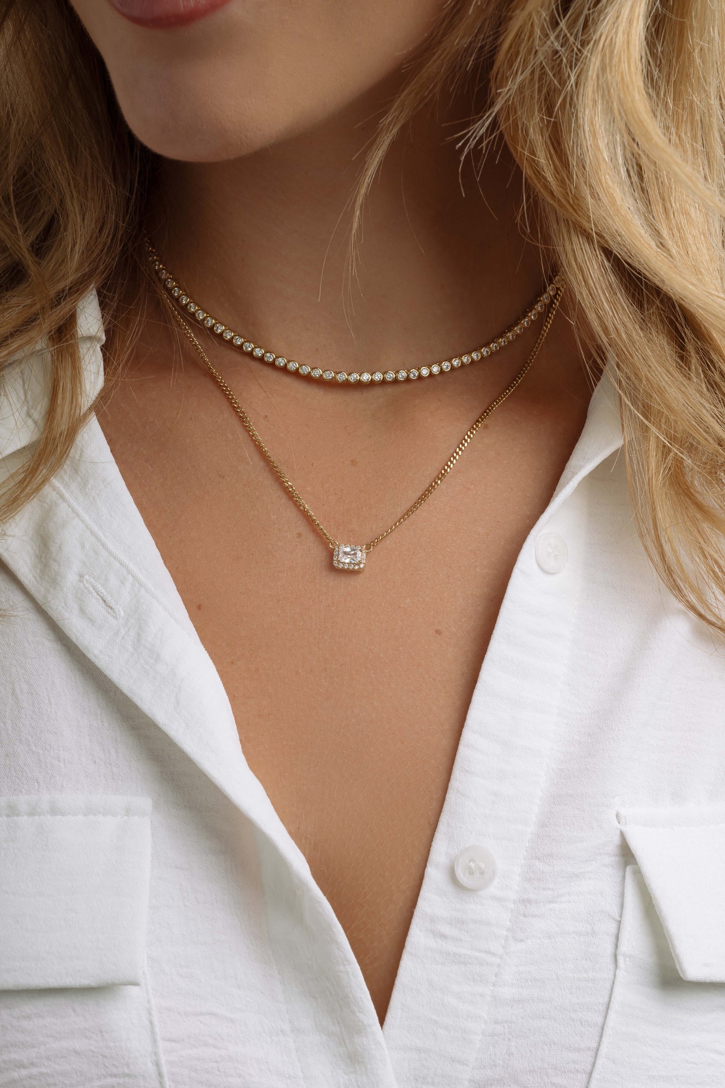 Halo Emerald Cut Necklace on Cuban Chain