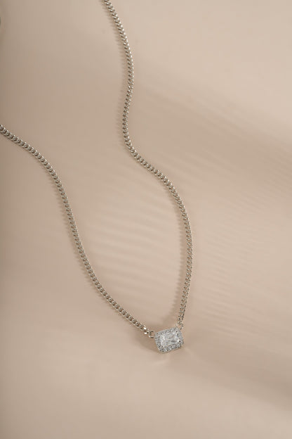 Halo Emerald Cut Necklace on Cuban Chain