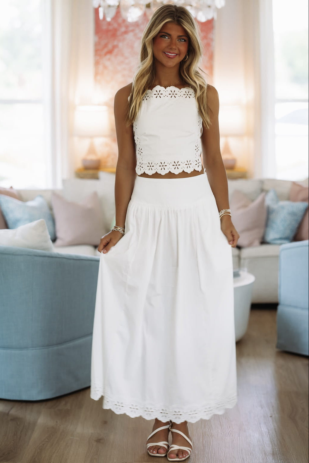 Beachside Blossom Top and Maxi Skirt - White