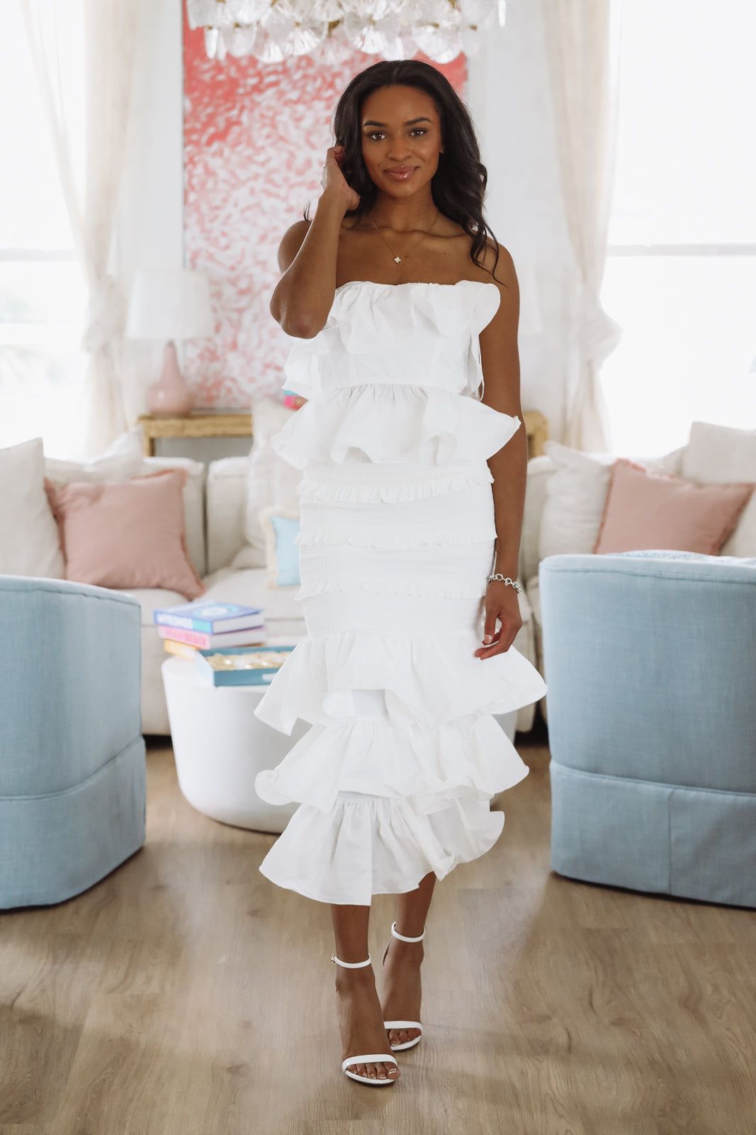 Tranquil Ruffle Top and Maxi Skirt Set - White