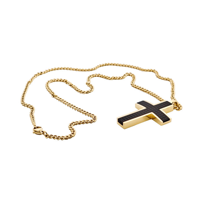 Ion Plated 14k Gold & Black Chequered Inlay Cross OnIon Plated Gold Curbed Link Chain