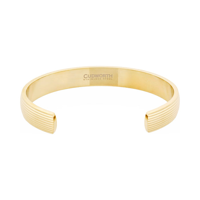 Ion Plated 14k Gold Polished Stainless Steel Cuff Bangle with stripes.