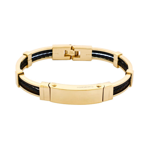 Ion Plated Polished 14k Gold & Stainless Steel Black Leather Bracelet