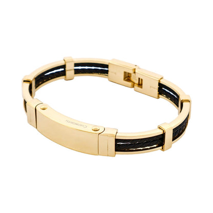 Ion Plated Polished 14k Gold & Stainless Steel Black Leather Bracelet