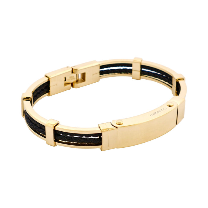 Ion Plated Polished 14k Gold & Stainless Steel Black Leather Bracelet