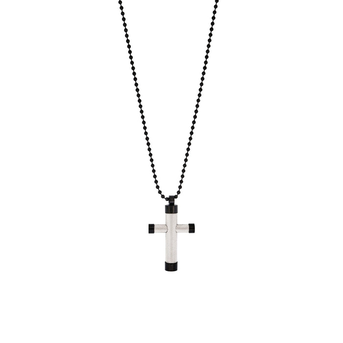 Ion Plated Polished Black & Textured Stainless Steel Cross Pendant withIon Plated Black 55cm Ball Chain