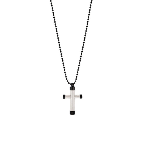 Ion Plated Polished Black & Textured Stainless Steel Cross Pendant withIon Plated Black 55cm Ball Chain