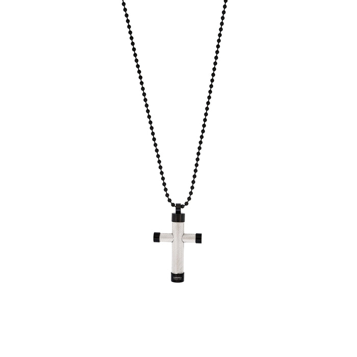 Ion Plated Polished Black & Textured Stainless Steel Cross Pendant withIon Plated Black 55cm Ball Chain