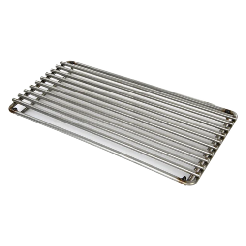 A stainless steel searing grate with parallel bars, intended for use on a medium wide grill.