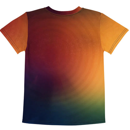 Low Poly Rocket Kid's Tee - The tessellated, jewel-toned exhaust trail that replaces organic smoke with sharp, triangular shards transitioning from solar orange (#D9852B) to icy cyan (#00FFFF).