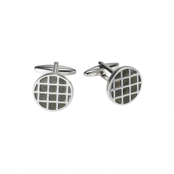 Polished Rhodium Plated Round Cufflinks with Chequered Charcoal Enamel Inlay