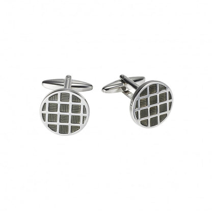 Polished Rhodium Plated Round Cufflinks with Chequered Charcoal Enamel Inlay
