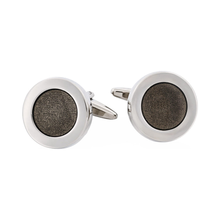 Polished Rhodium Plated Round Cufflinks with Dark Grey Enamel Inlay