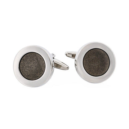 Polished Rhodium Plated Round Cufflinks with Dark Grey Enamel Inlay