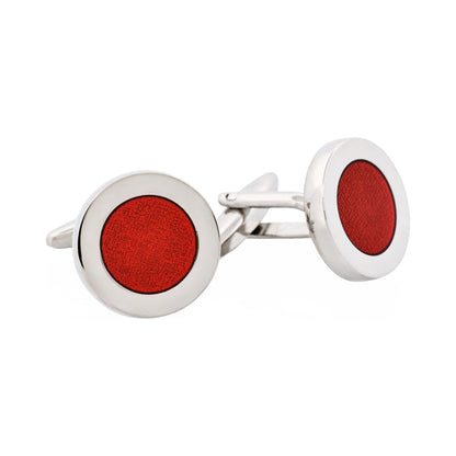 Polished Rhodium Plated Round Cufflinks with Maroon Enamel Inlay