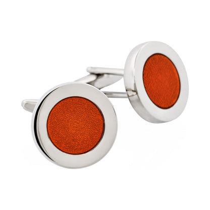 Polished Rhodium Plated Round Cufflinks with Orange Enamel Inlay