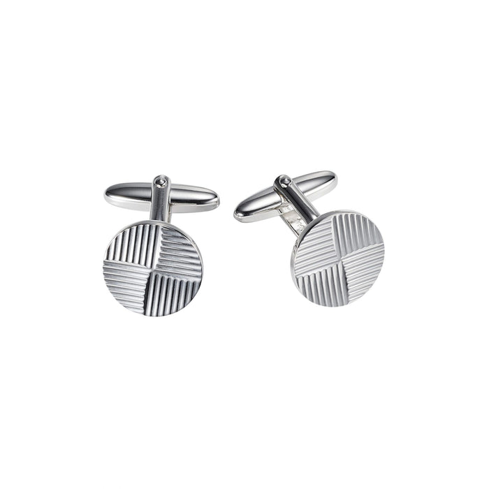 Polished Rhodium Plated Round Cufflinks with Striped Quartile Pattern