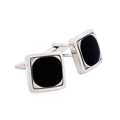 Polished Rhodium Plated Square Black & White Resin Cufflinks