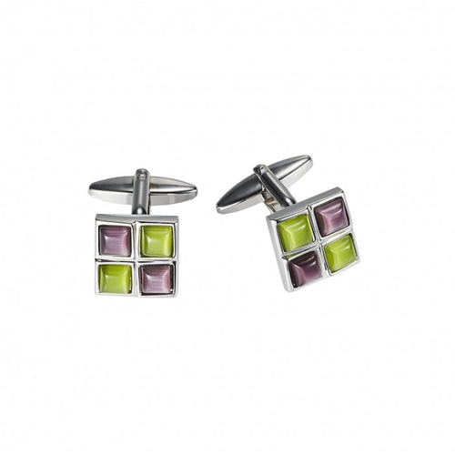 Polished Rhodium Plated Square Cufflinks with 2 Maroon & 2 Charteuse Cat's Eye Inlays
