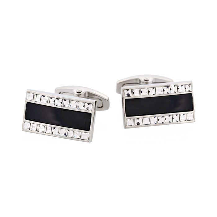 Polished Rhodium with Onyx & Crystal Rectangle Cufflinks