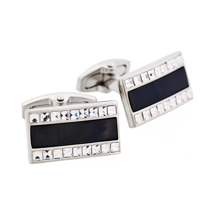 Polished Rhodium with Onyx & Crystal Rectangle Cufflinks