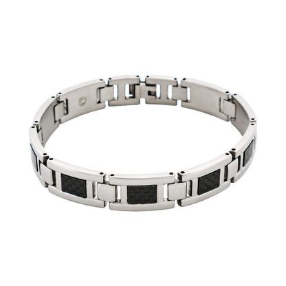 Polished Stainless Steel Bracelet with Black Carbon Fibre Inlay