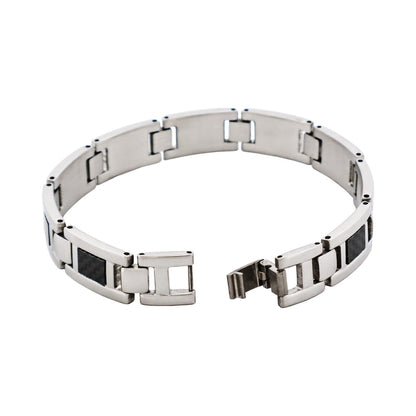 Polished Stainless Steel Bracelet with Black Carbon Fibre Inlay
