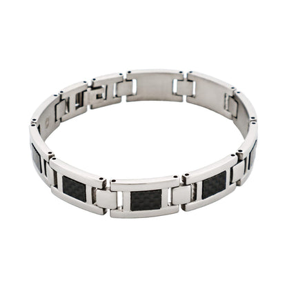 Polished Stainless Steel Bracelet with Black Carbon Fibre Inlay