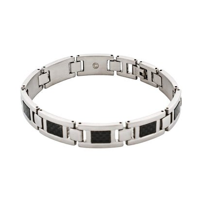 Polished Stainless Steel Bracelet with Black Carbon Fibre Inlay