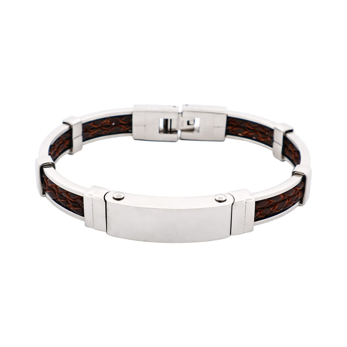 Polished Stainless Steel Bracelet with Double Strand Braided Brown Leather