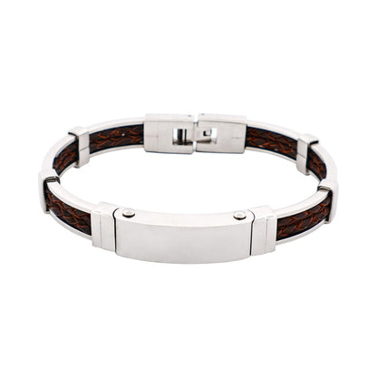 Polished Stainless Steel Bracelet with Double Strand Braided Brown Leather