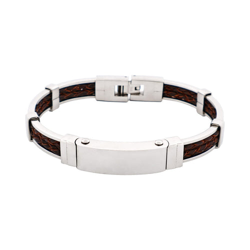 Polished Stainless Steel Bracelet with Double Strand Braided Brown Leather