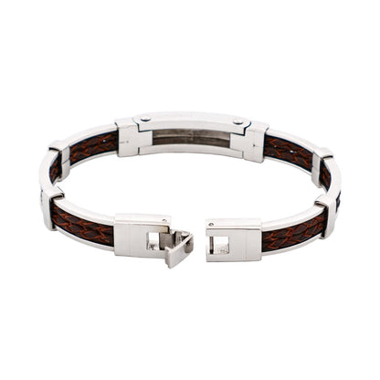 Polished Stainless Steel Bracelet with Double Strand Braided Brown Leather